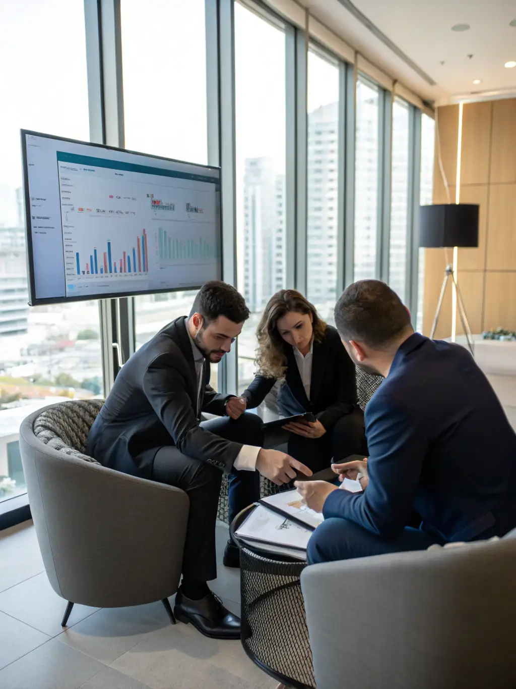 Advisors discussing a business valuation report in a modern office.