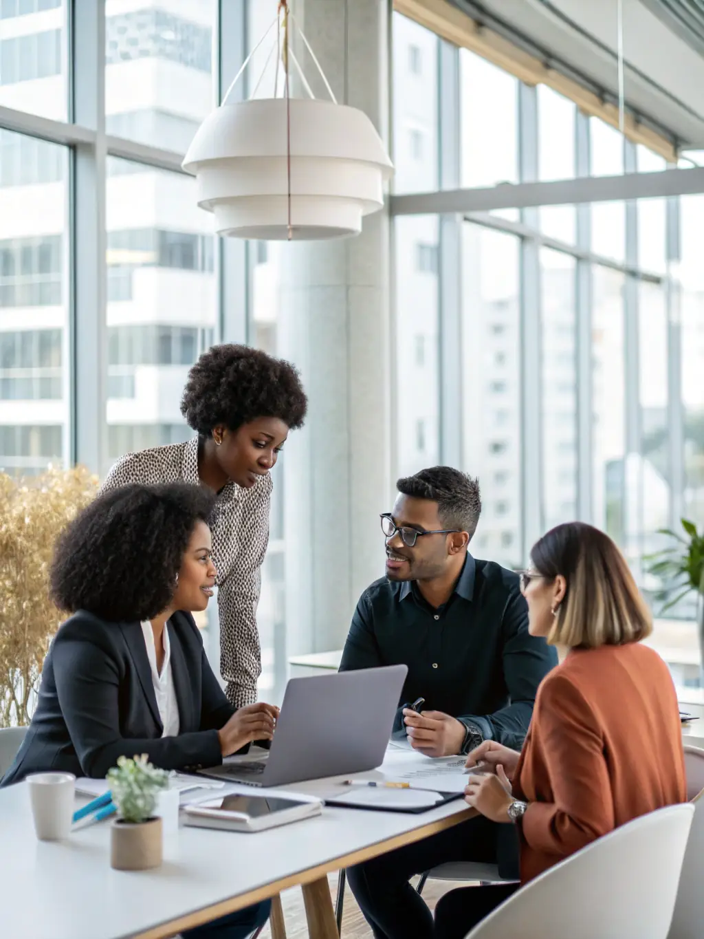 A diverse team of advisors collaborating in a conference room.