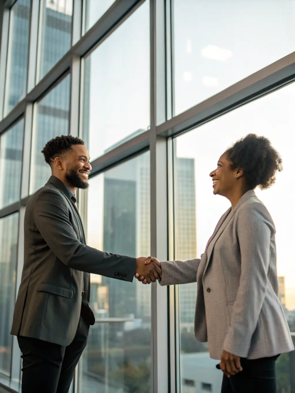 Two business professionals shaking hands over a contract in a well-lit office.